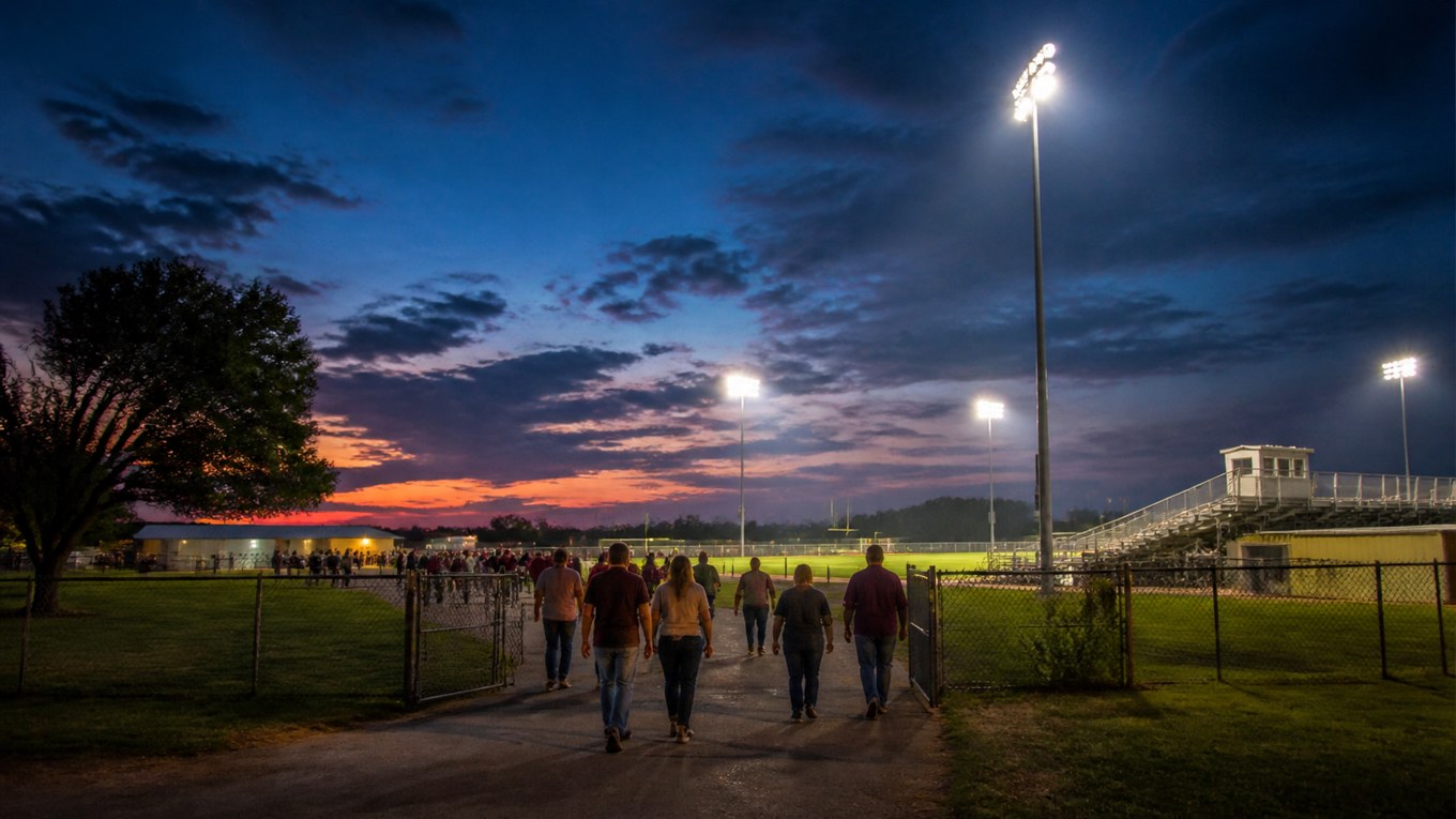 Illustrative Texas football-night scene with families walking toward a lighted field